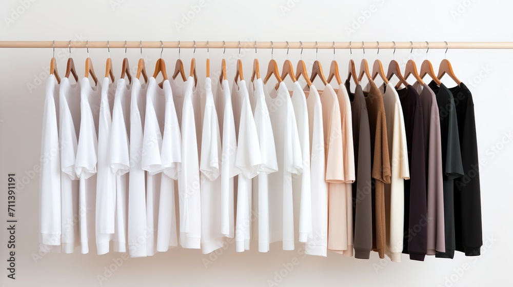 A row of tops and long-sleeved shirts hanging on a wooden rod against a plain background. The clothes are from dark to light colors, from black, dark red, yellow, white to gray and beige.