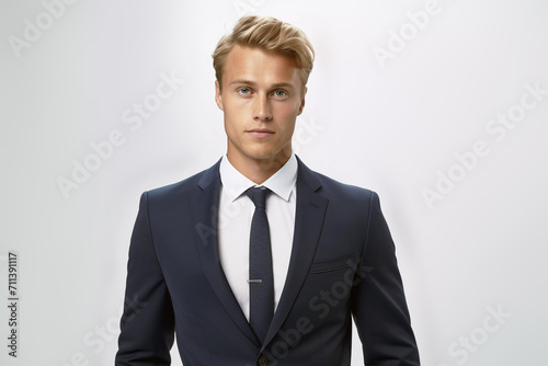 Blonde young businessman portrait. Generative ai people design.