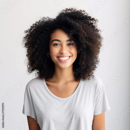 Beautiful happy woman with afro hairstyle portrait. Generative ai.