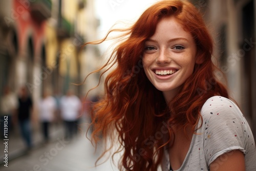 portrait of a young stylish red-haired girl walking along a city street in summer