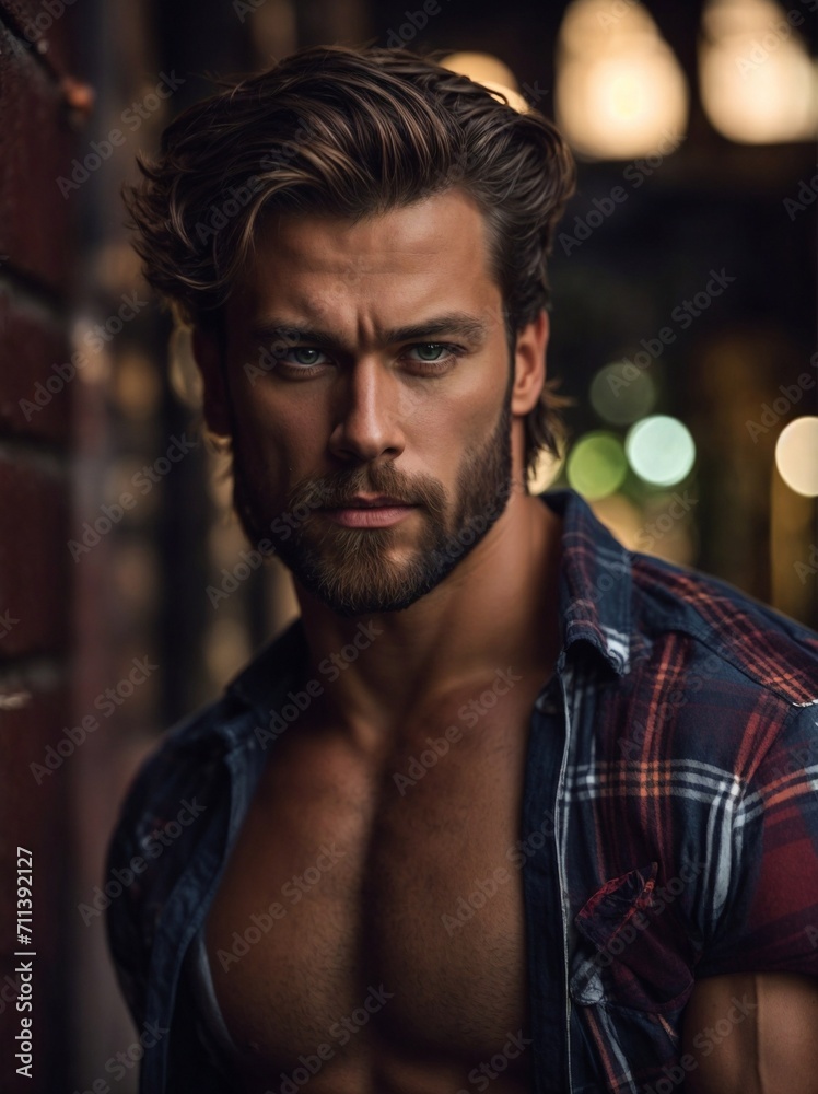 Shirtless Man Standing Next to Brick Wall. Generative AI. Shirtless Man Standing Next to Brick Wall. Generative AI.
