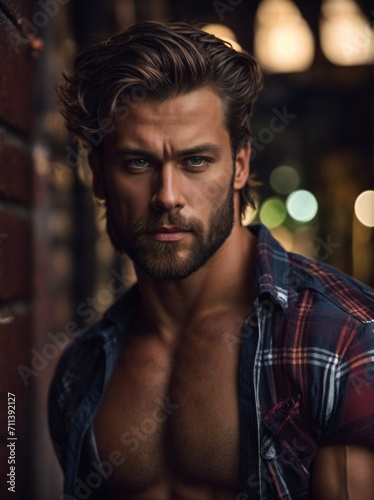 Shirtless Man Standing Next to Brick Wall. Generative AI.