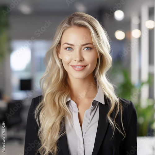 Happy young blonde businesswoman portrait. Generative ai design.