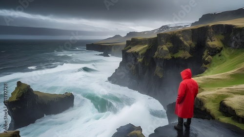 A man in red raincoat standing on a cliff and looking at the sea with gloomy sky and powerful waves in the ocean. The concept of travel related content  adventure or to convey the majesty of natural