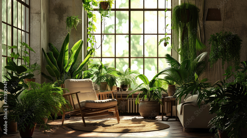Urban jungle apartment. armchair and sofa near big panoramic window, indoor plants, monstera, palm trees. Biophilia design. Cozy tropical home garden. Eco friendly decor of living room