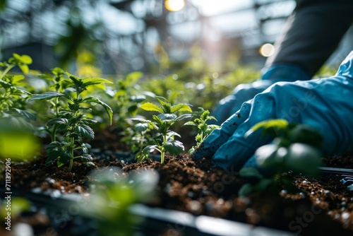 Close-up of a man's hands in green protective gloves planting plants in a greenhouse, against a blurred background of a glass greenhouse wall with a beautiful bokeh effect. Concept of gardening and