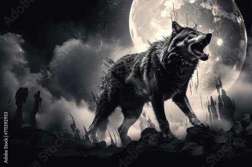 a dark black wolf standing on a rock and is hungry with the view of clouds and moon