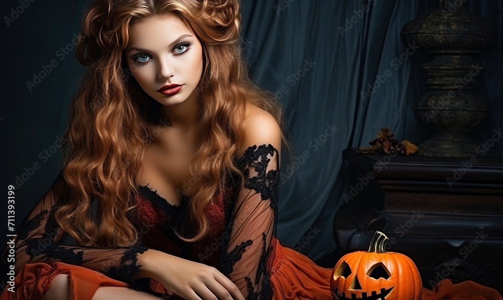 Long Red-Haired Woman Sitting on Bed with Pumpkin Long Red-Haired Woman Sitting on Bed with Pumpkin