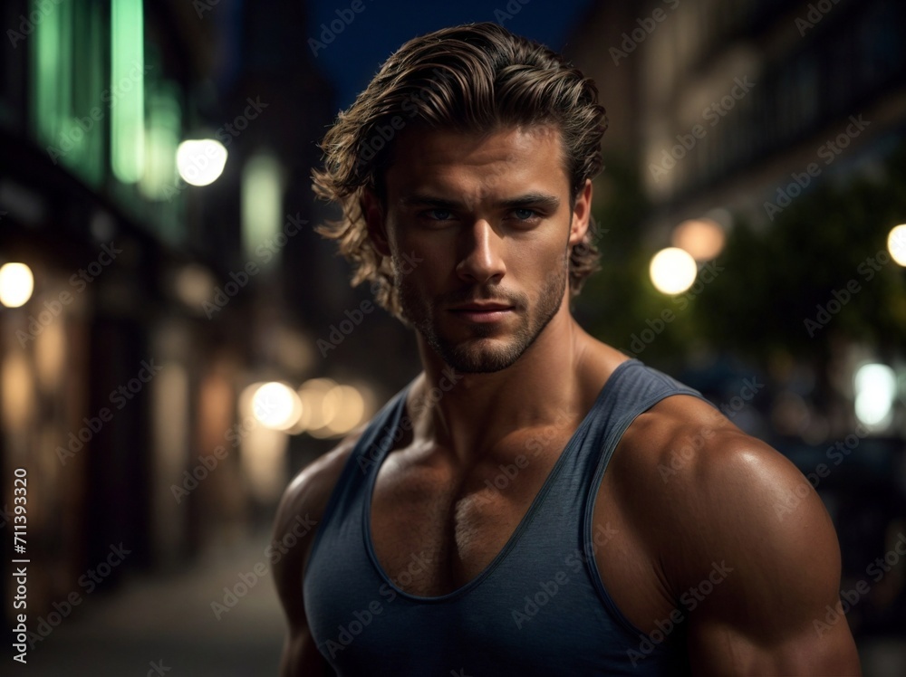 Man in Tank Top Standing on Night Street. Generative AI. Man in Tank Top Standing on Night Street. Generative AI.