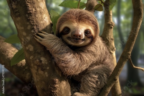 baby sloth hanging on a tree branch in wilderness