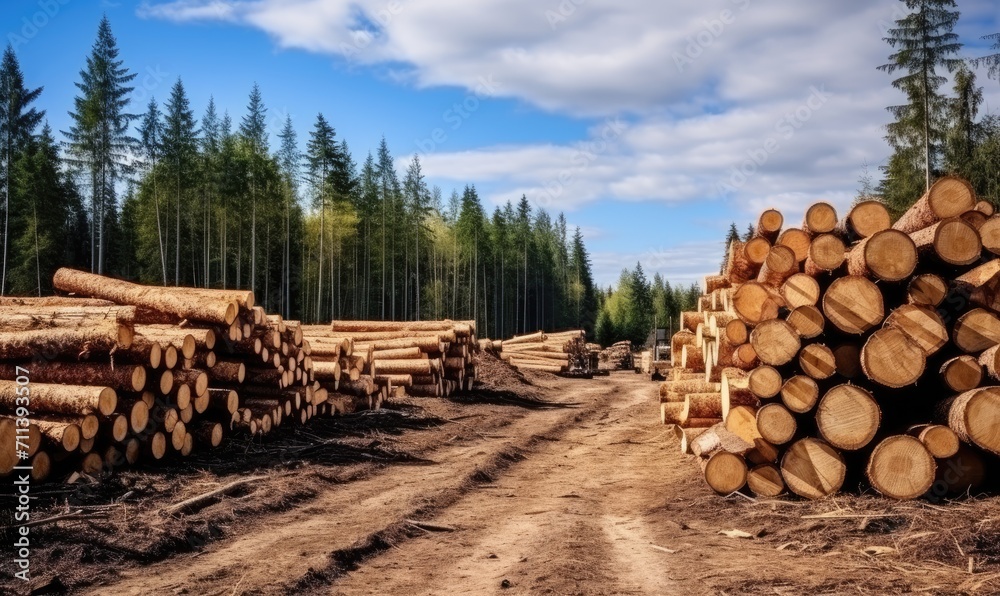 A Towering Stack of Logs on a Serene Country Path