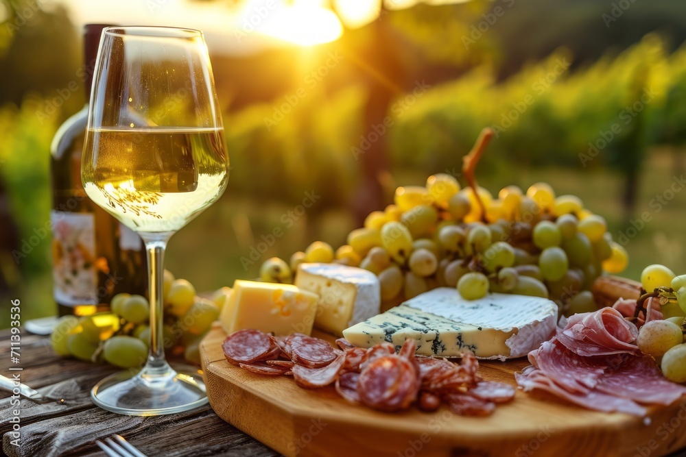 Picnic with white wine served outside with cheese and charcuterie, sunset light Picnic with white wine served outside with cheese and charcuterie, sunset light
