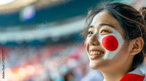 Happy Japanese woman supporter with face painted in Japan flag colors, red and white, Japanese fan at a sports event such as football or baseball match, blurry stadium background, copy space photo