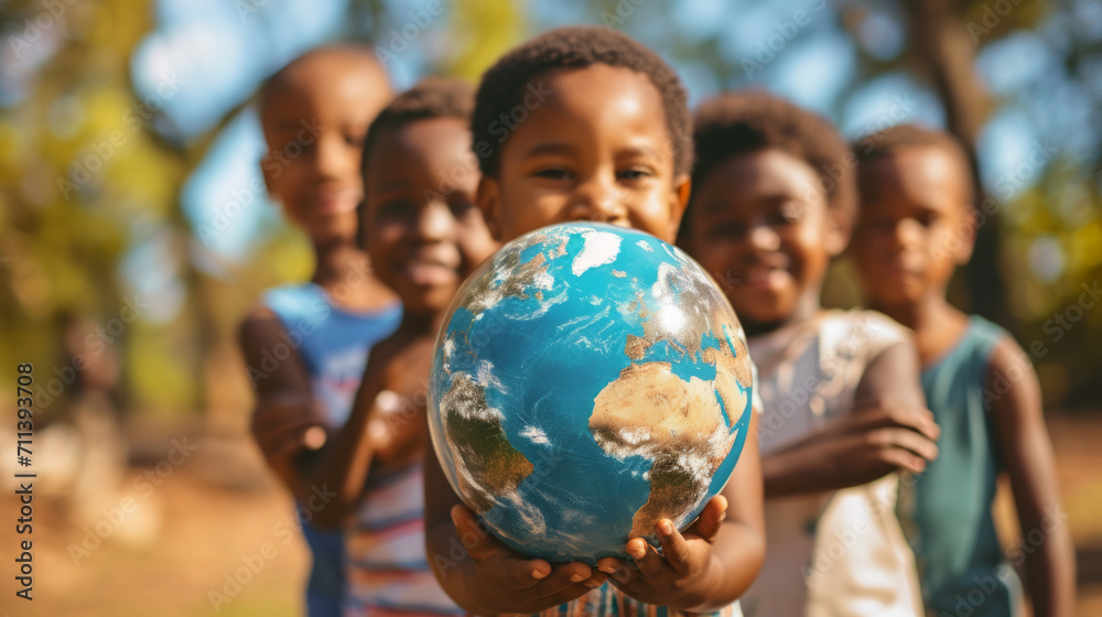 International day of peace concept with African Children holding earth globe. Group of African children holding planet earth over blurry nature background with copy space - obrazy, fototapety, plakaty 