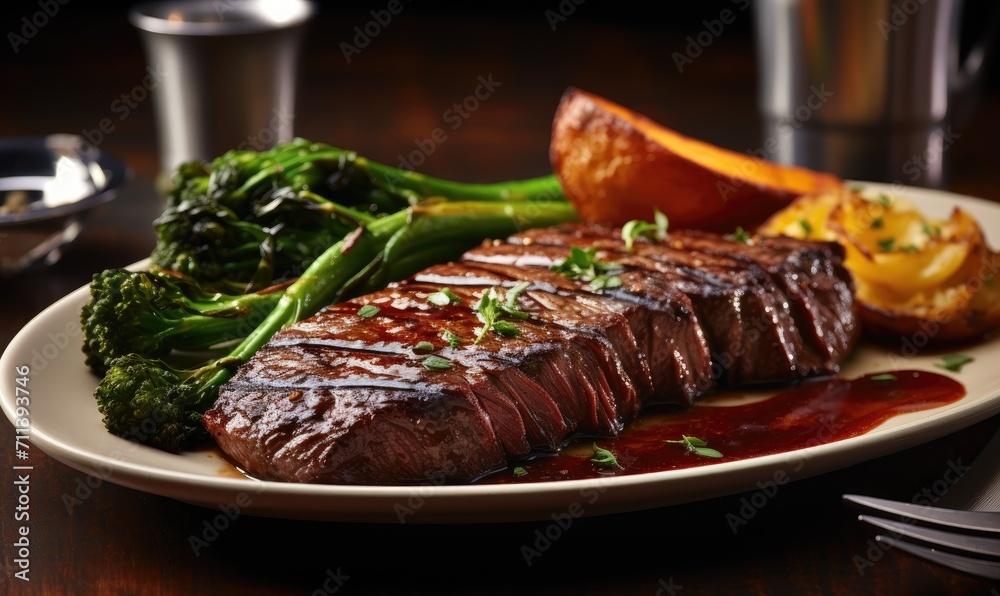 A Delicious Steak Dinner with Sides of Broccoli and Potatoes A Delicious Steak Dinner with Sides of Broccoli and Potatoes