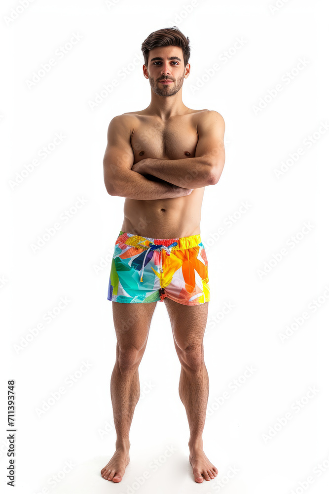 Picture of an handsome young man in colorful swimwear full body view isolated on white background