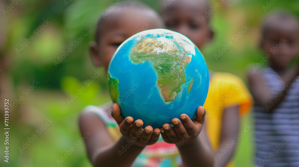 International day of peace concept with African Children holding earth globe. Group of African children holding planet earth over blurry nature background with copy space
