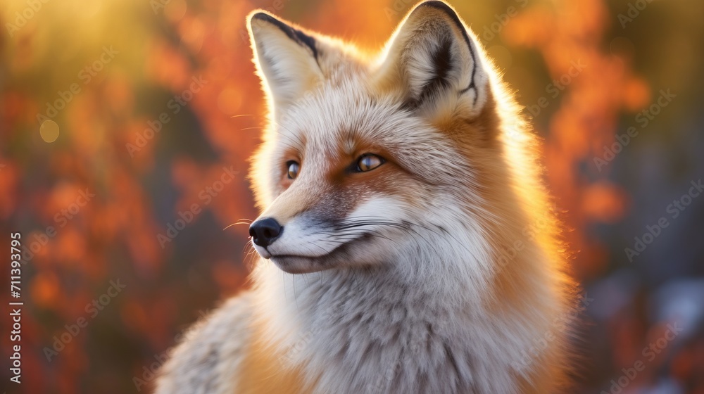 Closeup of a fox sitting in an autumn forest looking to the side. Wildlife image of a beautiful red fox sitting on a blurred background. Closeup of a cute fox looking away.