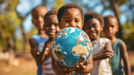 International day of peace concept with African Children holding earth globe. Group of African children holding planet earth over blurry nature background with copy space