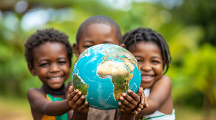 International day of peace concept with African Children holding earth globe. Group of African children holding planet earth over blurry nature background with copy space