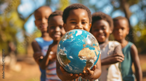 Fototapeta Naklejka Na Ścianę i Meble -  International day of peace concept with African Children holding earth globe. Group of African children holding planet earth over blurry nature background with copy space