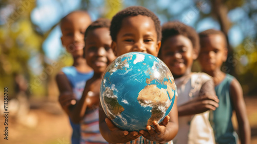 International day of peace concept with African Children holding earth globe. Group of African children holding planet earth over blurry nature background with copy space photo