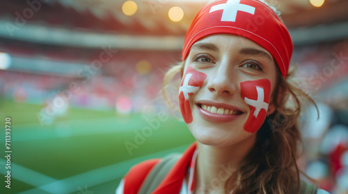 Happy Swiss woman supporter with face painted in Switzerland flag colors  white and red  Swiss fan at a sports event such as football or rugby match  blurry stadium background  copy space