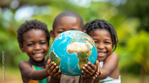 Fototapeta Naklejka Na Ścianę i Meble -  International day of peace concept with African Children holding earth globe. Group of African children holding planet earth over blurry nature background with copy space