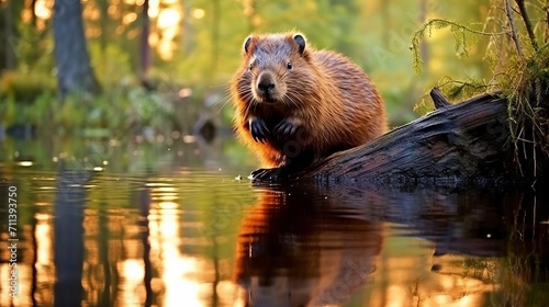 Closeup of a beaver sitting near water in a forest looking at the camera. Wildlife image of a beautiful beaver sitting near a lake on a blurred background. Closeup of a cute rodent looking forward. photo