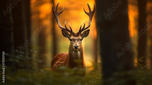 A deer standing in the forest and looking at the camera. Wildlife image of a deer with big horns standing in a foggy forest. Wildlife image of a beautiful deer in the woods looking forward. © Valua Vitaly