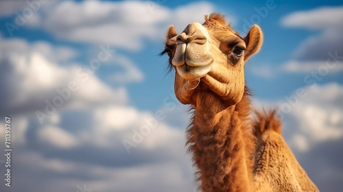 Closeup of a camel face looking forward. Wildlife image of a camel in the sun on the background of a cloudy sky. Big camel standing looking to the side.