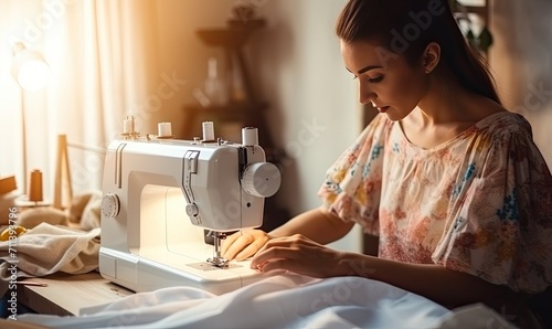 Woman Seamstress Working on Sewing Machine