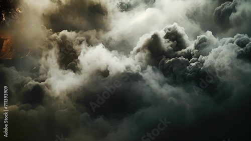 Streaks of black smoke and dust, shot from a powerful and turbulent eruption. photo