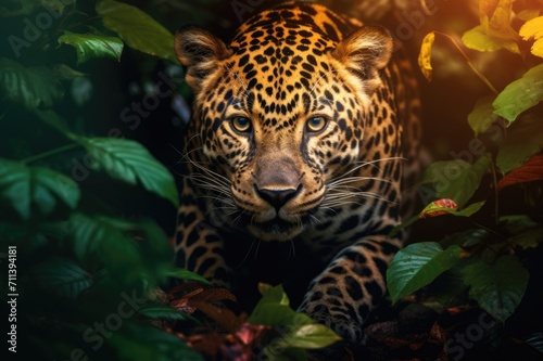 a jaguar is sneaking out from the bushes in a forest