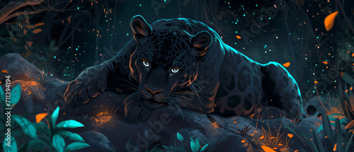 Black Jaguar Resting Under Starlit Sky photo