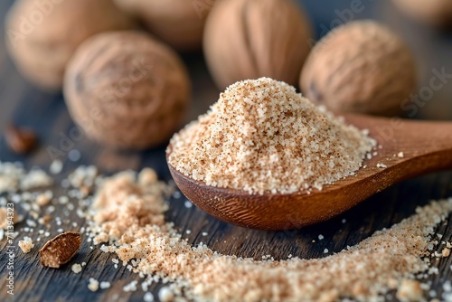 bunch of grated nutmeg on a wooden spoon