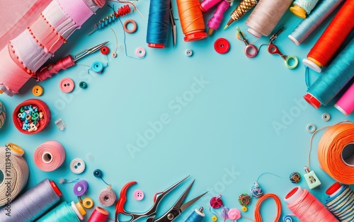 Set of threads, buttons, scissors, fabric and sewing accessories on a pastel color background, flat lay with space for copy