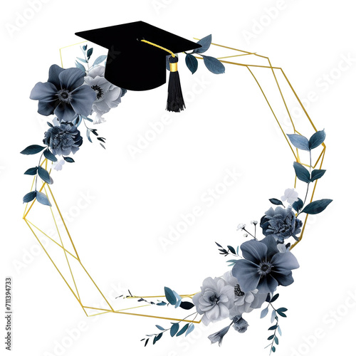 geometric frame with blue flowers and a graduate's cap on transparent background photo