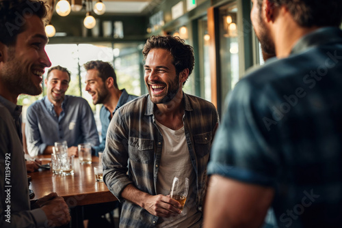 A group of male friends hanging out in a bar, or a restaurant, talking and laughing, enjoying their time together.