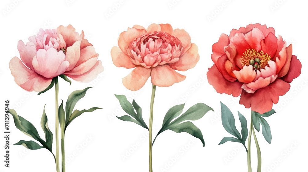 Set of peonies flower soft pink and red color Watercolor, spring collection of hand-drawn flowers, Botanical plant illustration on transparent background