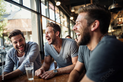 A group of male friends hanging out in a bar, or a restaurant, talking and laughing, enjoying their time together.