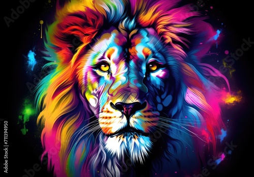 a head of a colorful painted lion portrait