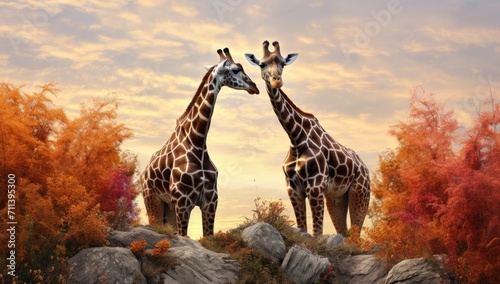 two giraffes are looking at each other by standing in the grass next to a rock with view of sky and clouds