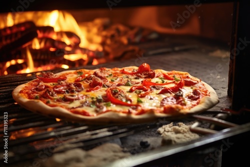 Delicious fresh Italian pizza lies near the oven  baked in a wood-burning oven