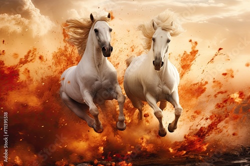 two horses running in a storm and splashing mud by racing each other