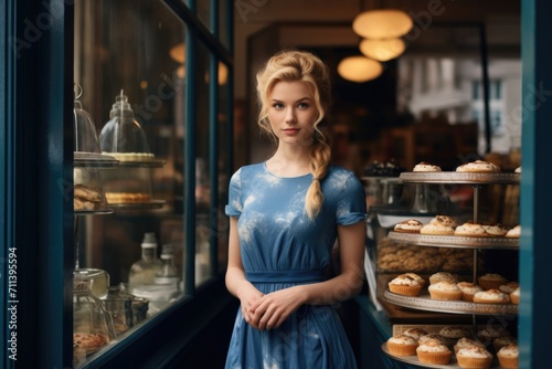 Romantic blonde girl in a blue dress on the background of a bakery cafe