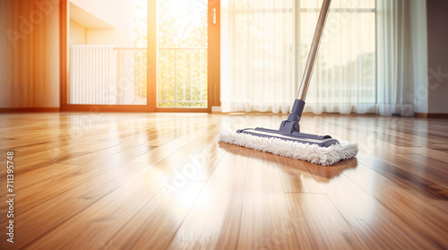 Modern microfiber mop cleaning the house floor, clean wood parquet, perfect cleanser tool photo