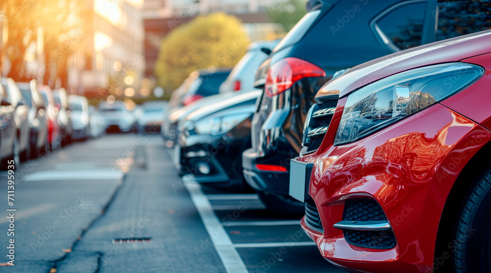 Fototapeta premium Car parked at outdoor parking lot. Used car for sale and rental service. Car insurance background. Automobile parking area. 