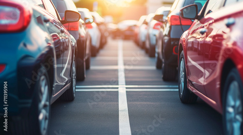 Car parked at outdoor parking lot. Used car for sale and rental service. Car insurance background. Automobile parking area.  photo