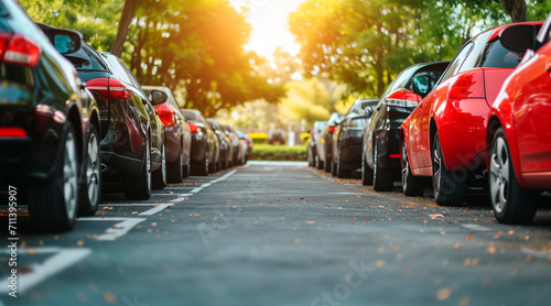 Car parked at outdoor parking lot. Used car for sale and rental service. Car insurance background. Automobile parking area. 